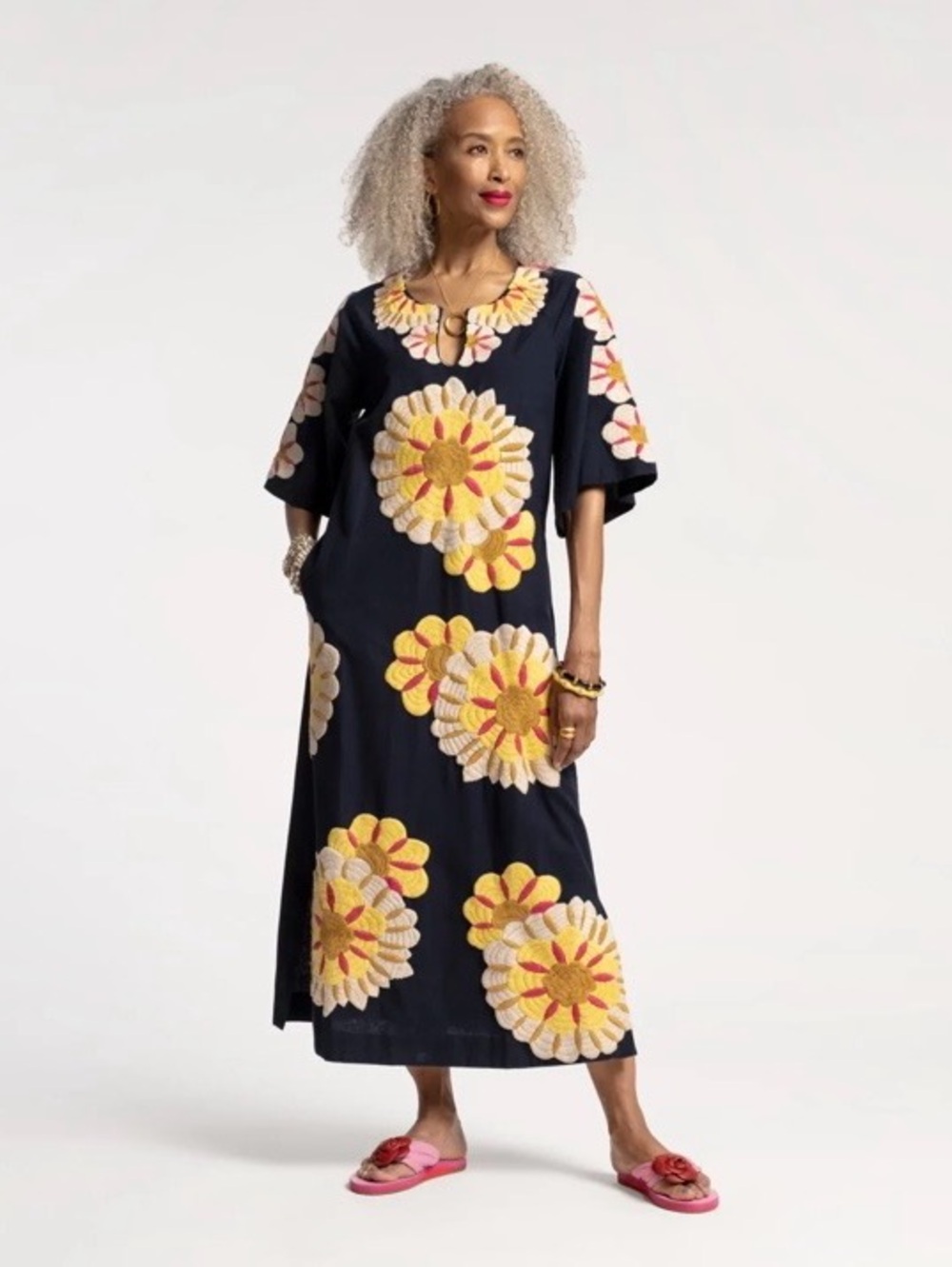 Frances Valentine Embroidered Charming Caftan Maxi Dress Navy Floral M